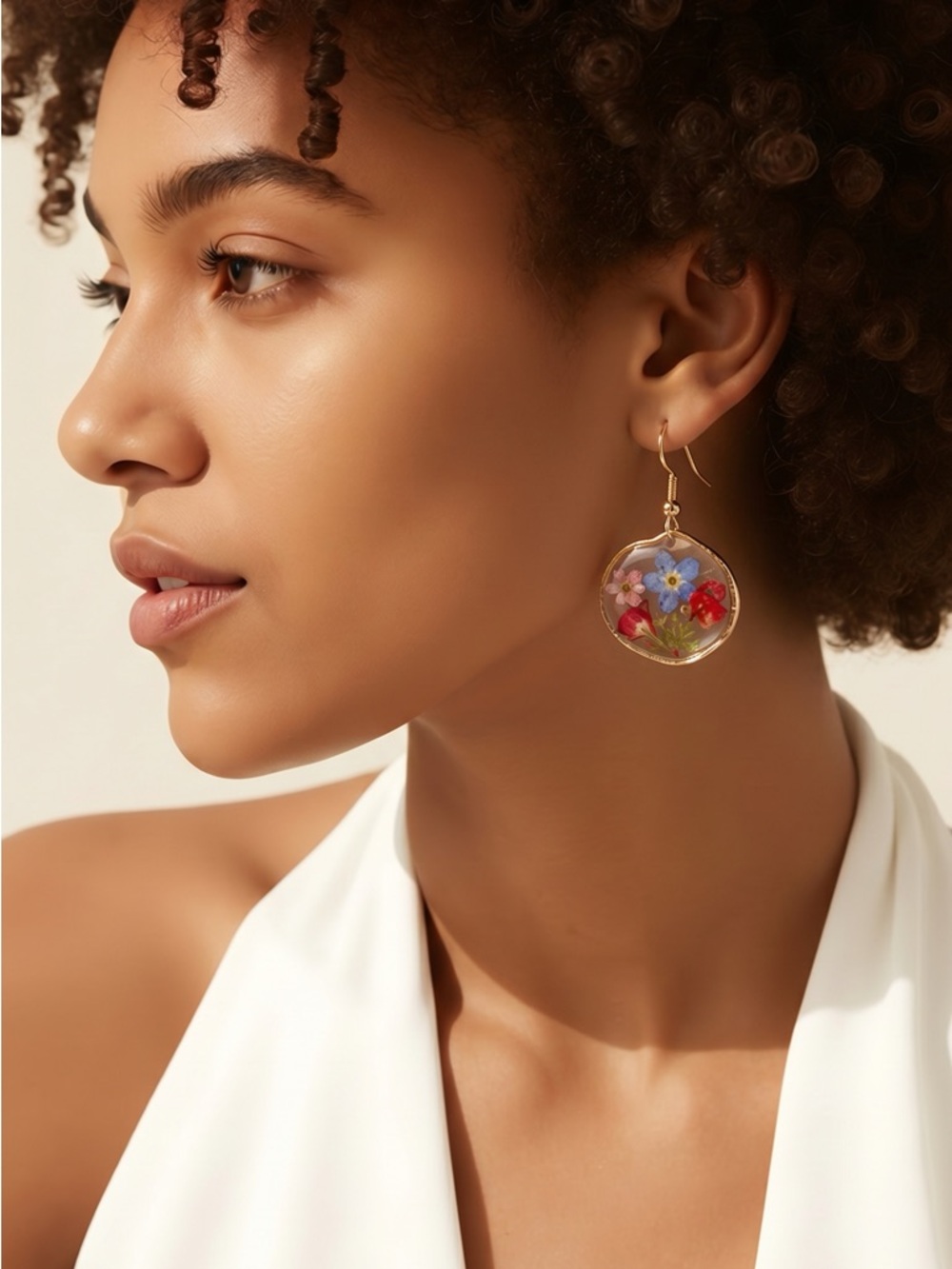 Gold Floral Drop Earrings with Blue & Red Accents